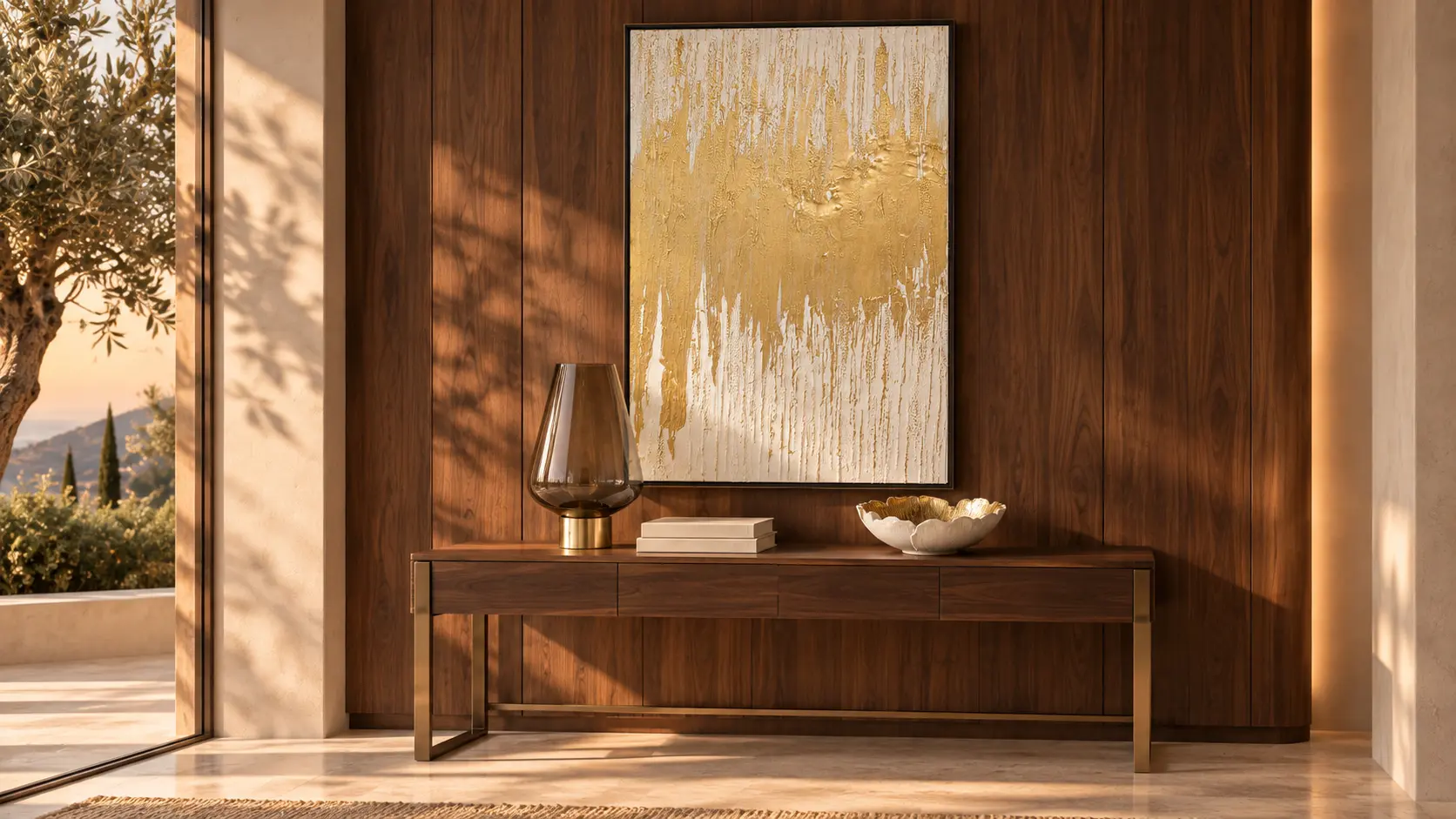 Complementi coordinati alla villa: vasi, ciotola e quadro nei toni avorio, ambra e oro