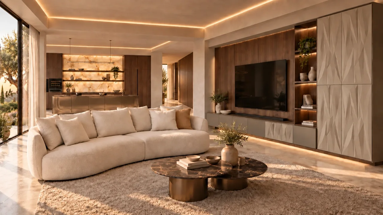 Living con un solo divano e parete TV in noce