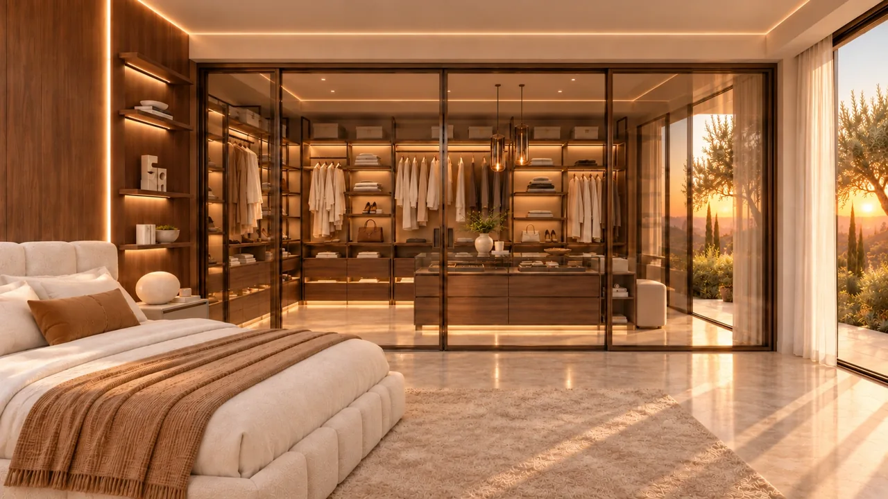 Suite con letto imbottito, boiserie e mensole illuminate sulla sinistra